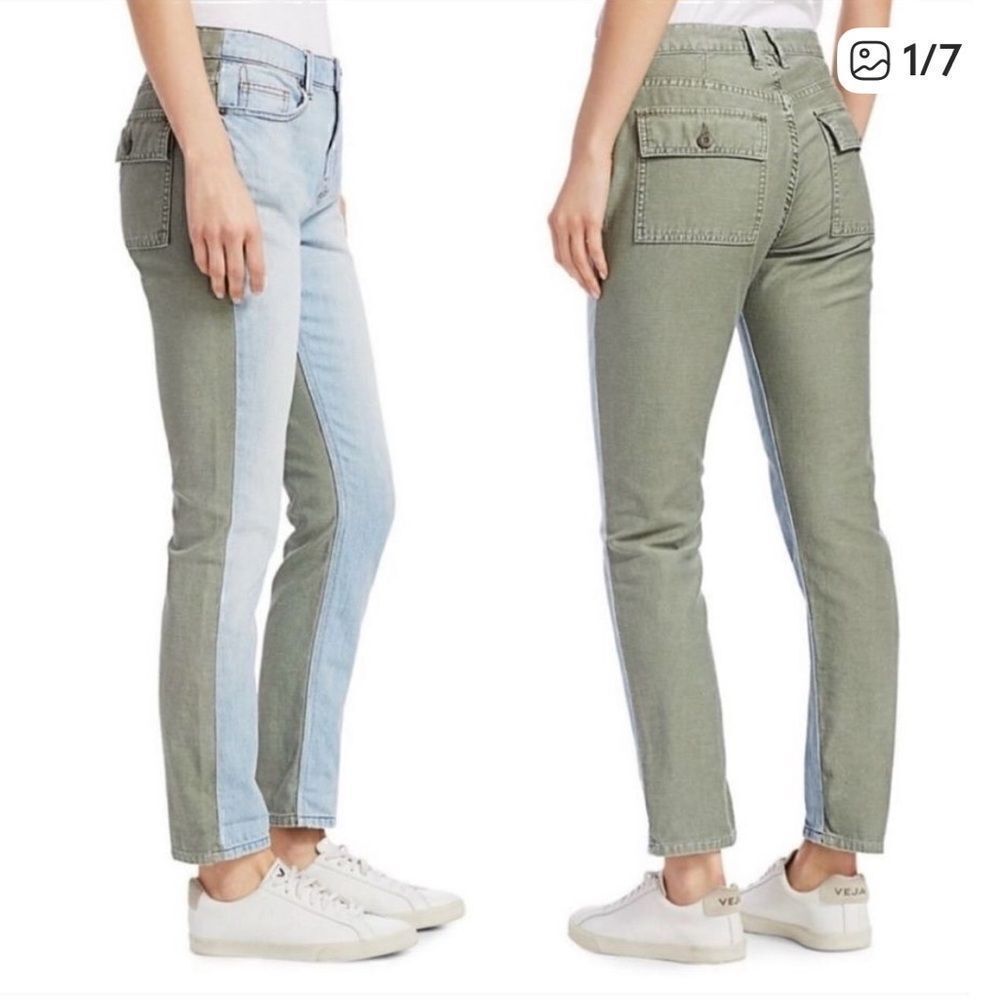 Frame Denim Le Beau Two-Tone Straight Leg Jeans in Green and Light Blue size 27